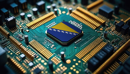 Bosnia and Herzegovina flag on a processor, CPU or microchip on a motherboard. Concept for the battle of global microchips production.