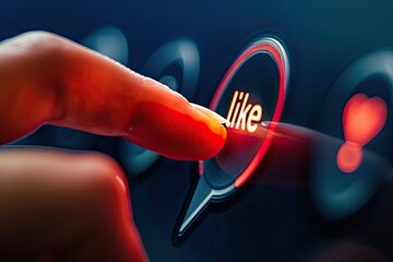 A person's finger presses a button with the inscription: Like.  Close-up.