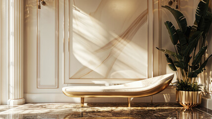 interior design, main hall, and living room in Luxurios marble. an unusually shaped ivory marble bench with brass details. Neo-classical style combined with modern elements.  - obrazy, fototapety, plakaty