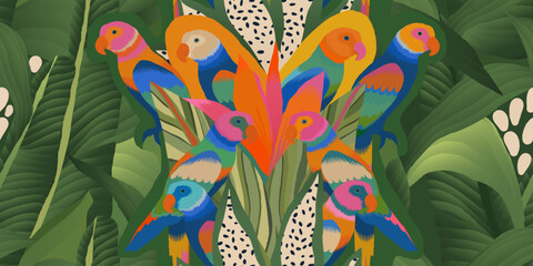 Exotic botanical abstract pattern with parrots. Colorful playful contemporary seamless pattern. Hand drawn unique print.