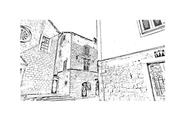 Print Building view with landmark of Kotor city. Hand drawn sketch illustration in vector.