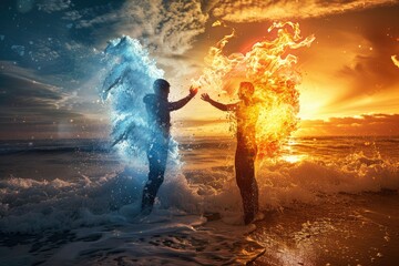A man in a stream of water and a man in a flame stand opposite each other. Concepts: disagreements, contradictions, different opinions, opposing views, quarrel, misunderstandings, - obrazy, fototapety, plakaty