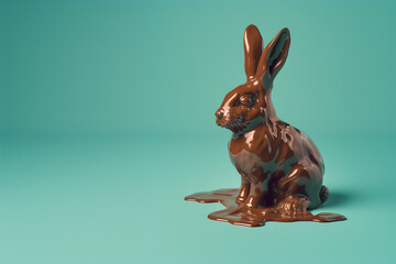 Chocolate Easter bunny rabbit melting into a chocolate puddle on a turquoise background. The playful spirit of the holiday. Copy space. Easter concept. - obrazy, fototapety, plakaty