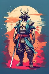 blue samurai design grafic for t shirt	
