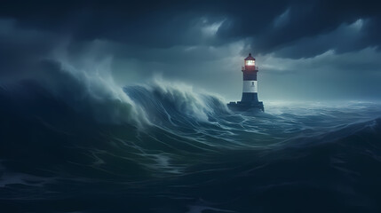 Fototapeta na wymiar A lighthouse in the middle of a large body of water with waves in front