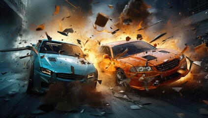 Fototapeta premium A collision between two cars caused a crash at the intersection.