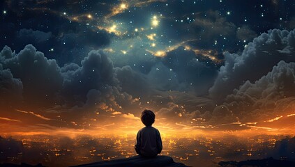 Under the canopy of stars, a child's hopeful gaze reflects the dreams and aspirations that illuminate the night.