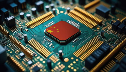 China flag on a processor, CPU or microchip on a motherboard. Concept for the battle of global microchips production.