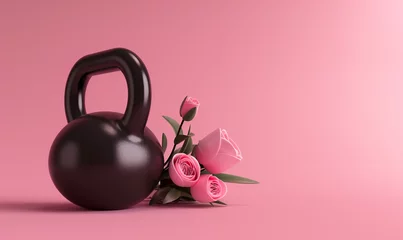 Fotobehang Creative design with a black kettlebell and flowers on pink background. Happy women's Day. 8 march. Copy space. © Femmes.Digital