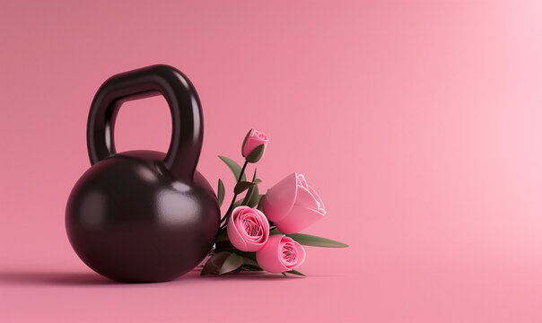 Creative design with a black kettlebell and flowers on pink background. Happy women's Day. 8 march. Copy space.