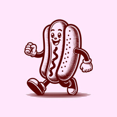 cool mascot hotdog walking in retro vintage art style vector illustration