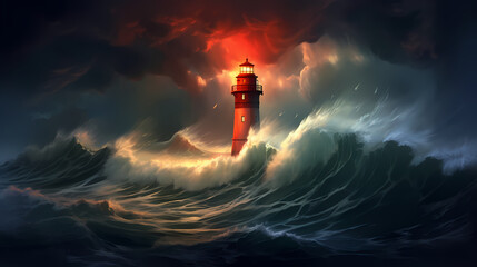 A lighthouse in the middle of a large body of water with waves in front