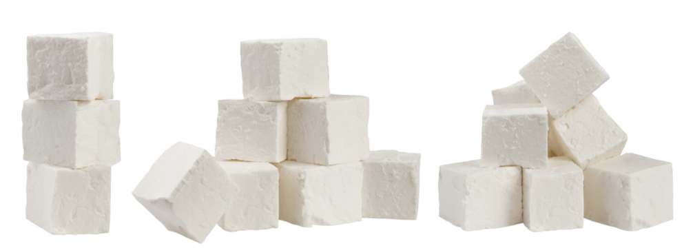 Feta, Greek cheese cubes, isolated on white background, clipping path, full depth of field