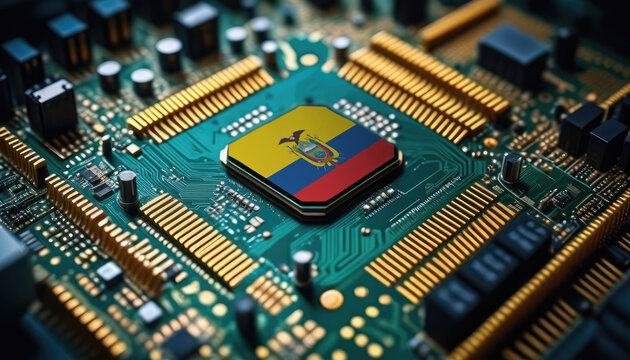 Ecuador flag on a processor, CPU or microchip on a motherboard. Concept for the battle of global microchips production.