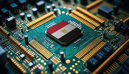 Obraz premium Egypt flag on a processor, CPU or microchip on a motherboard. Concept for the battle of global microchips production.