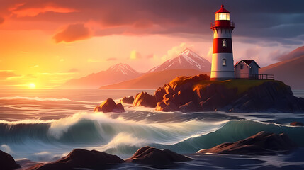 A lighthouse in the middle of a large body of water with waves in front