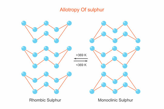 Allotropes of sulphur.Rhombic and monoclinic sulphur with same chemical properties but different physical  properties. Chemistry illustration.