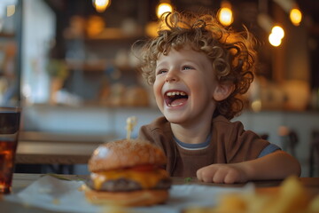 Happy boy sitting at the table cheering for a hamburger