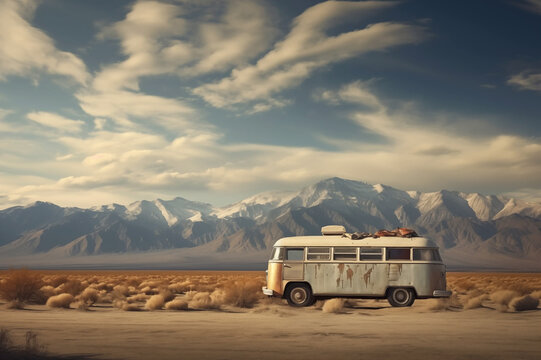 Classic Van with Rooftop Luggage Parked in a Desert with Mountainous Horizon at Dusk