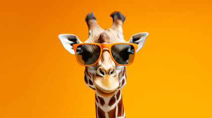 Stylish giraffe sporting orange sunglasses against a vibrant orange background