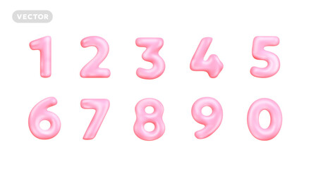 Vector realistic illustration of pink color glossy number. 3d style design of shine font collection number in cartoon style on white background