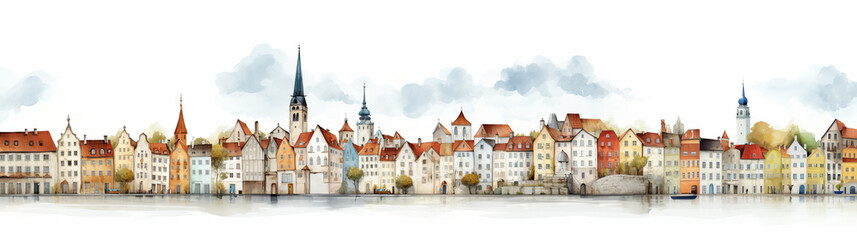 Panoramic watercolor illustration of european cityscape along river - obrazy, fototapety, plakaty