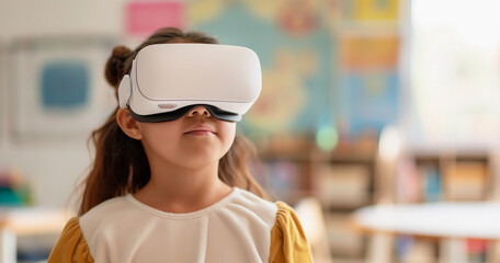 Young girl using virtual reality headset indoors, kid learning in school classroom - Powered by Adobe
