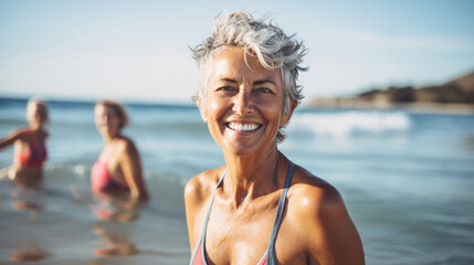 Senior woman smiling on a sunny beach with friends enjoying the sea - obrazy, fototapety, plakaty