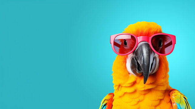 Stylish parrot wearing pink sunglasses against a turquoise background