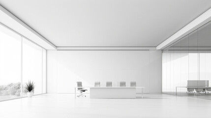 Modern minimalist office interior with white furniture and large windows