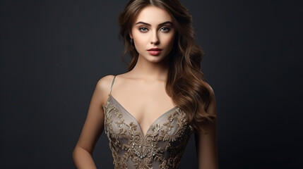 Naklejka premium woman with brown hair in a luxurious gold dress dress with expensive jewelry, rich style, empty gray background, with empty copy space