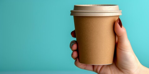 Design of a coffee cup with a lid, an empty cardboard template that a girl holds in her hands, blue background