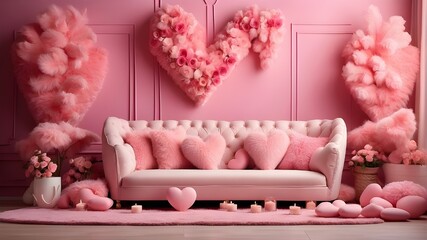 Festive pink Valentine's Day photo studio background featuring fluffy pink pillows, pink carpets and ornamental elements, and led heart-shaped lamps