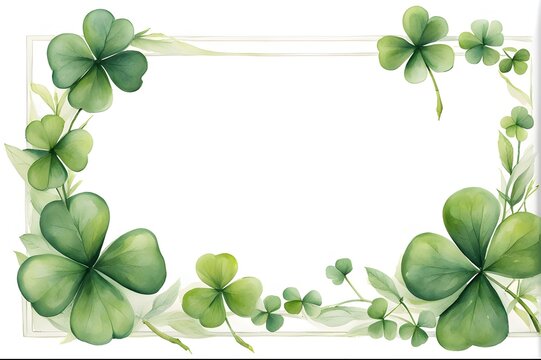 Watercolor Rectangle Clovers Shamrock Leaves Frame Isolated On White Background With Copy Space For Text And Decoration