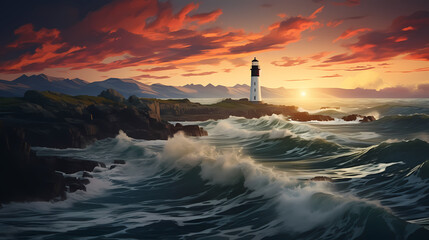 Fototapeta premium A lighthouse in the middle of a large body of water with waves in front