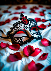 black lace mask on the bed. Selective focus.