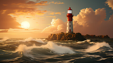 Obraz premium A lighthouse in the middle of a large body of water with waves in front