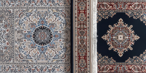 Top view old blue Persian Asian carpet texture. abstract ornament classic Arabic pattern rug