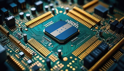 Honduras flag on a processor, CPU or microchip on a motherboard. Concept for the battle of global microchips production.