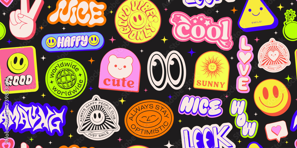 Poster Cool Y2k Stickers Collage Seamless Pattern Vector Design. Groovy Patches Smile Emoji Pop Art Background.