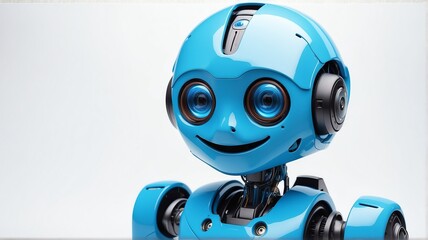 Obraz na płótnie Canvas Cute blue humanoid smiling robot in plain white background from Generative AI