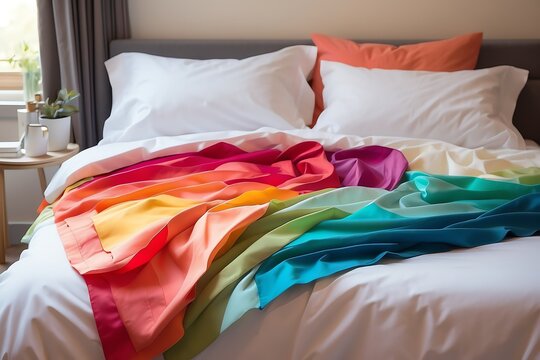 Colorful sheet on bed in the bedroom from Generative AI