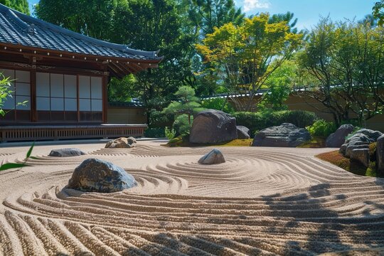 This photo depicts a Japanese garden filled with carefully placed rocks and lush trees. The traditional landscaping highlights the harmony between nature and human intervention. Generative AI