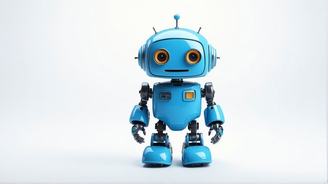 Cute blue small smiling robot in plain white background from Generative AI