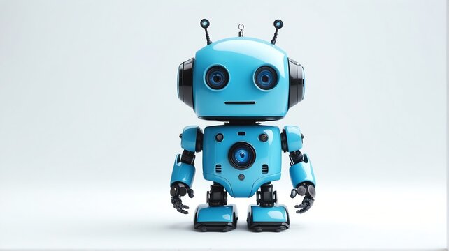 Cute blue small smiling robot in plain white background from Generative AI