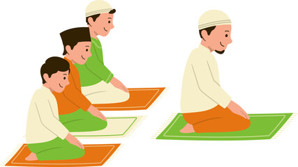 People praying together in mosque in month of Ramadan Kareem, imam characters and worshipers do Eid prayers together in field