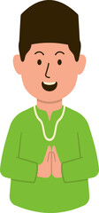 Smiling muslim male character wearing green koko shirt and peci with greeting or supplication hand gesture