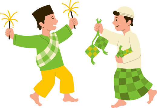 Muslim children's characters celebrating Eid al Fitr with sharing ketupat and playing with fireworks together happily
