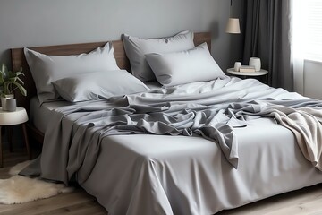 Gray sheet on bed in the bedroom from Generative AI