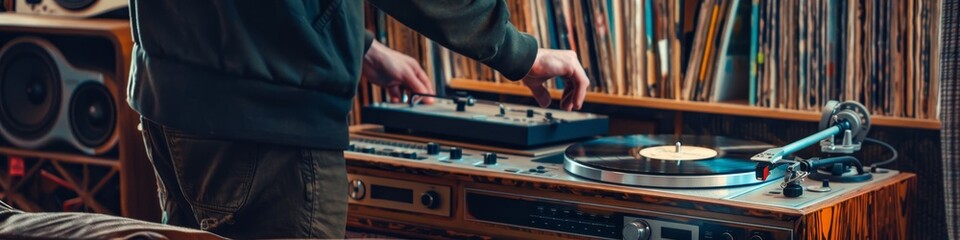 Listening to Vinyl Records - A music enthusiast selecting a record to play on a vintage turntable in a living room filled with music memorabilia. 